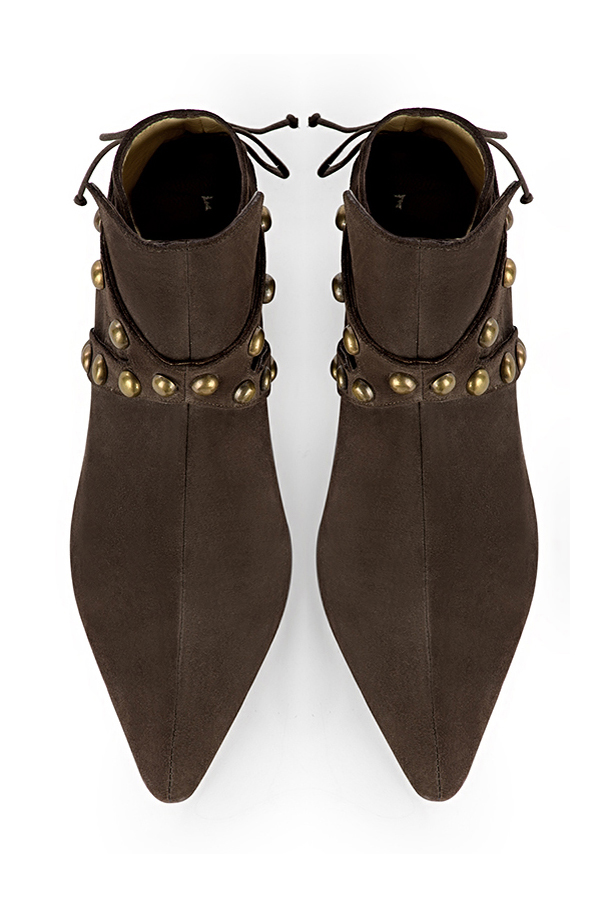 Dark brown women's ankle boots with laces at the back. Tapered toe. Low flare heels. Top view - Florence KOOIJMAN